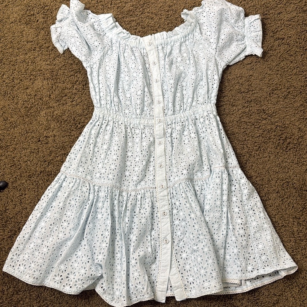 Light Blue Eyelet Button-Front Mini Dress with Ruffle Sleeves